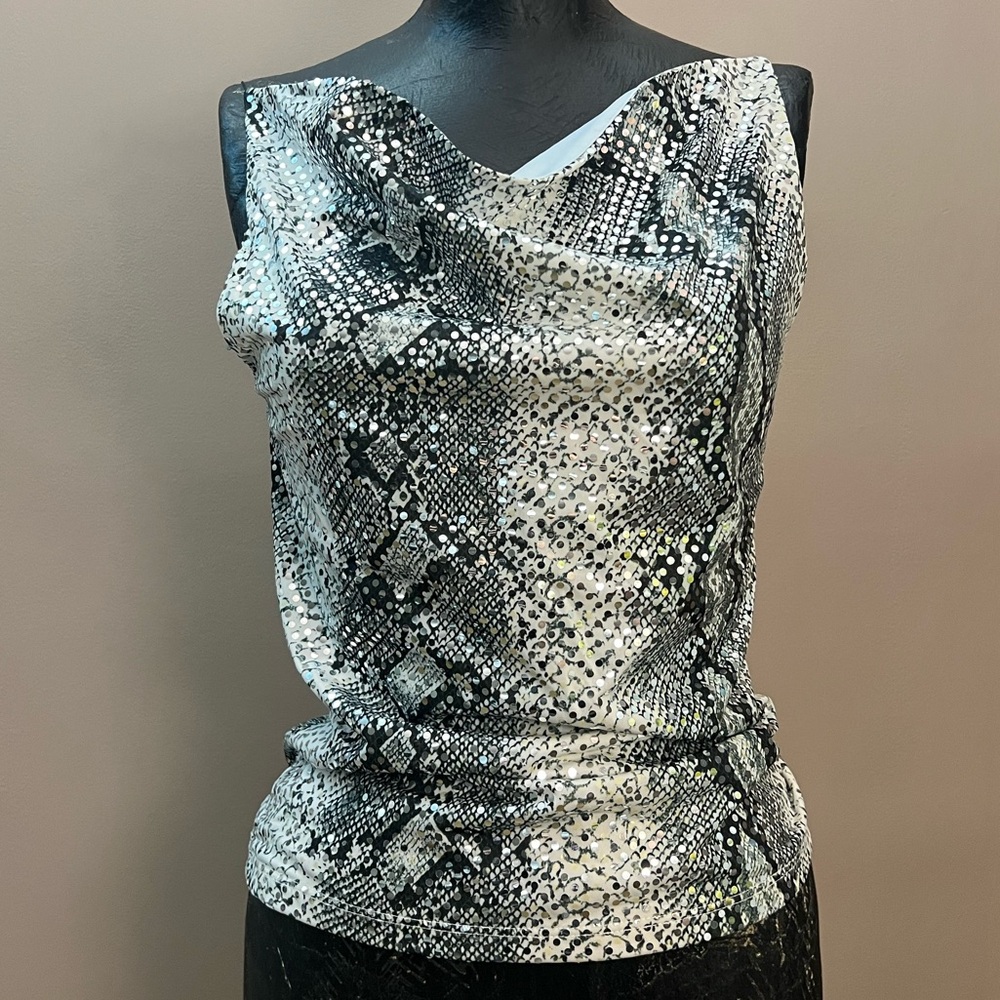 Y2K Sequin Snakeskin Cowl Neck Invisible Strap Going Out Party Top Bling Size M